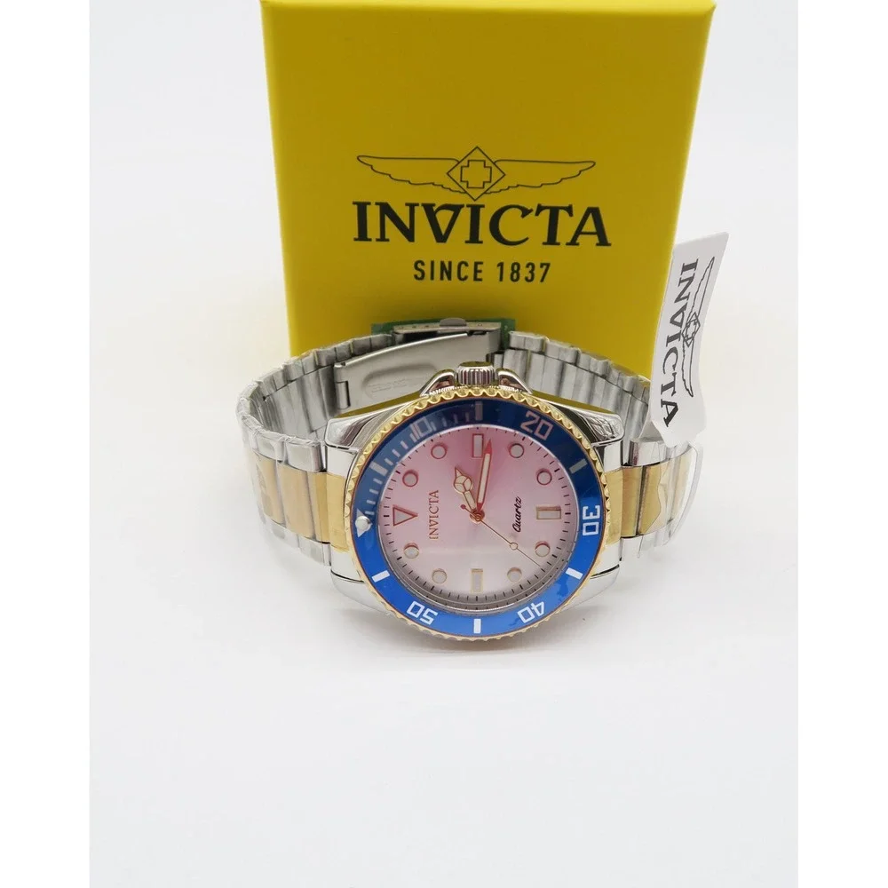 Invicta Pro Diver Vitreos Mens Watch 42mm Two Tone Gold Steel Blue Bezel 69398